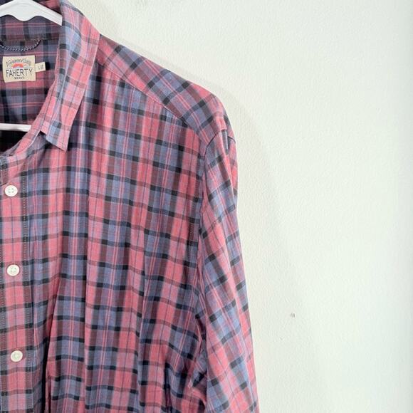 Faherty Red Blue Plaid Movement Long Sleeve Cotton Button Down Shirt Large - Picture 3 of 10